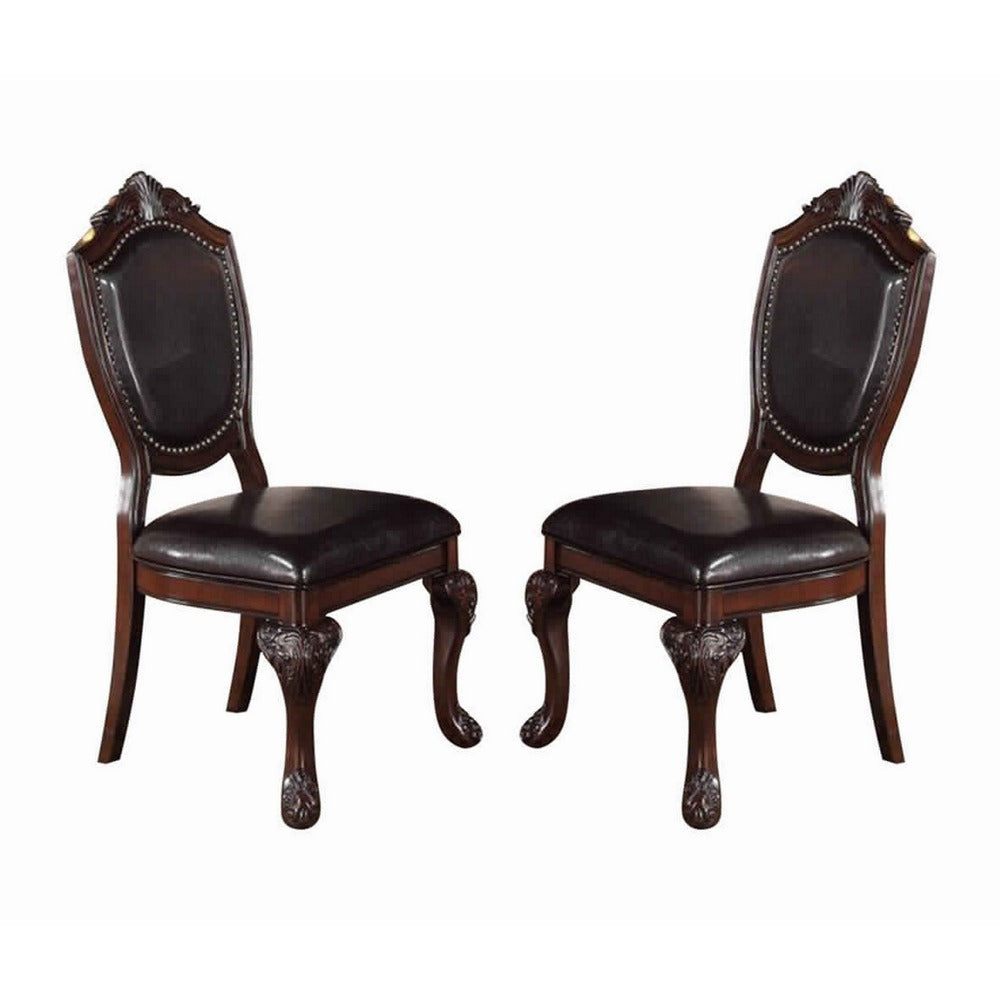 Traditional Rubber Wood Dining Chair With Faux Leather Upholstery , Set Of 2,Brown - PDX-F1395