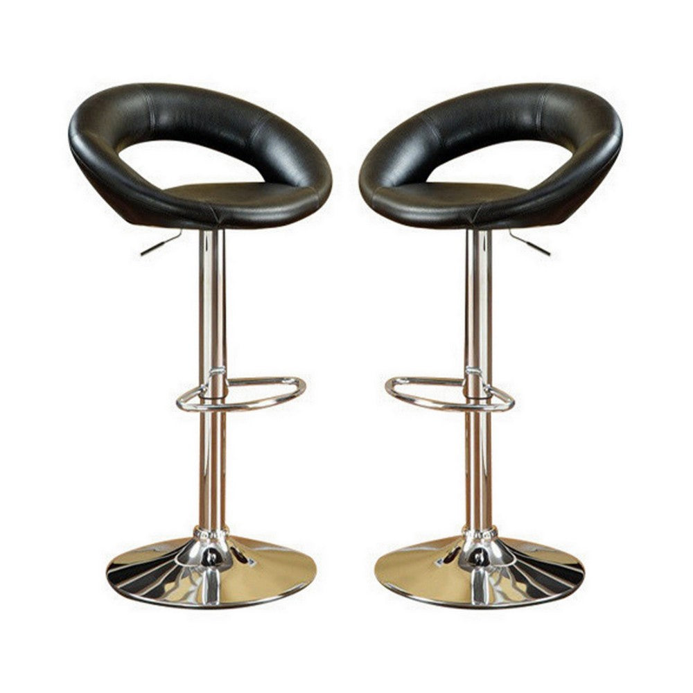 Metal Base Bar Stool With Faux Leather Seat Black & Silver Set of 2 - PDX-F1553