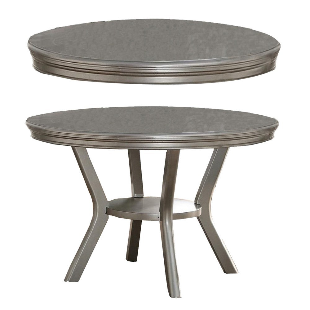 Rubber Wood Round Dining Table With Bottom Shelf Silver - PDX-F2150