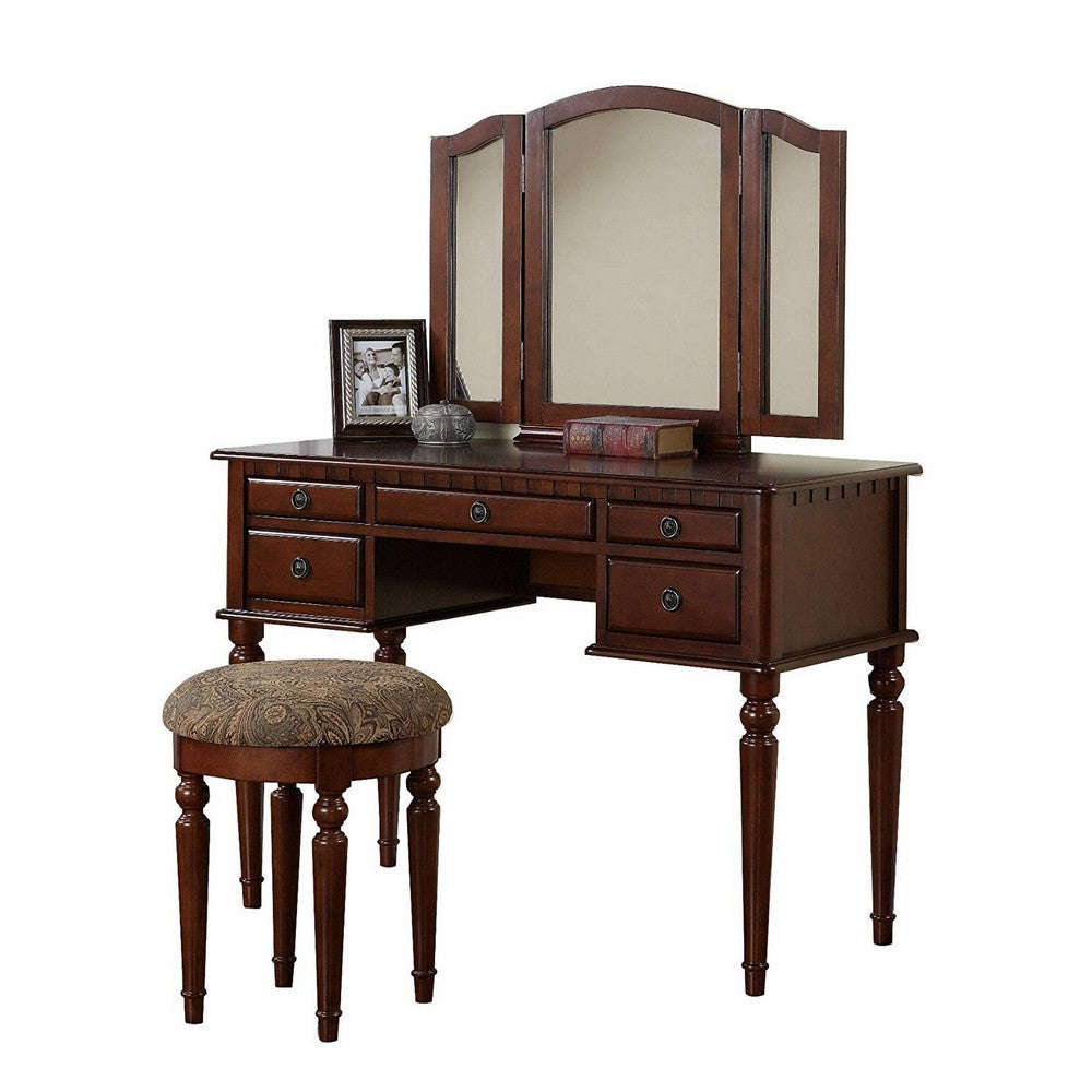 Commodious Vanity Set Featuring Stool And Mirror Cherry Brown - PDX-F4071