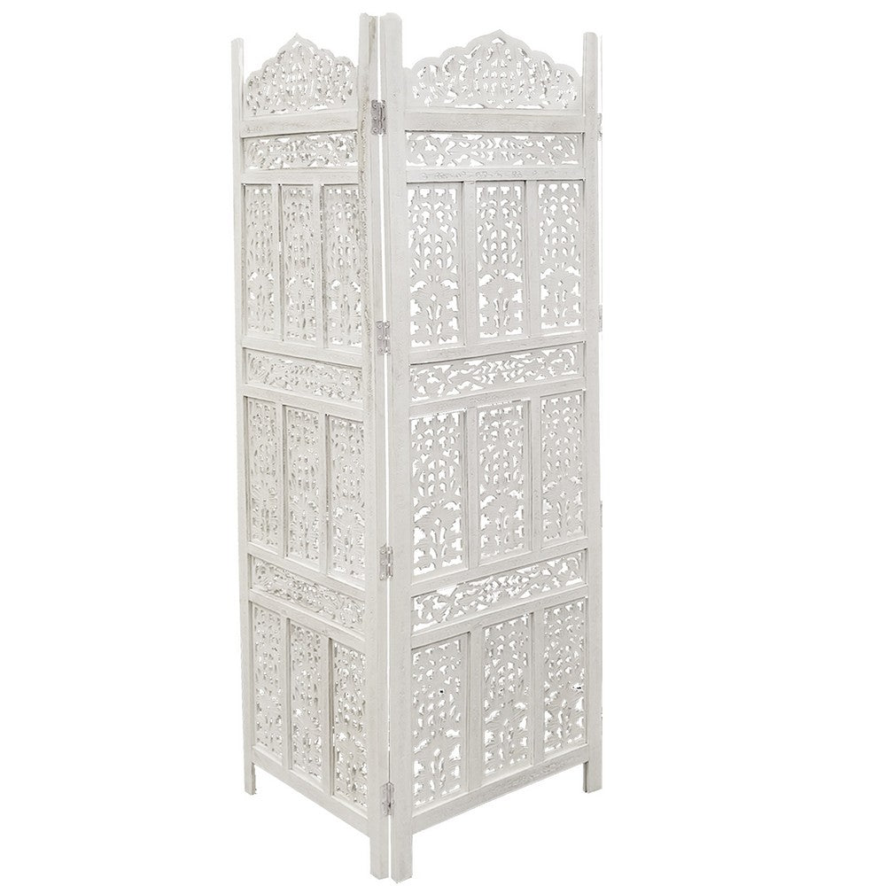 Aesthetically Carved 4 Panel Wooden Partition Screen/Room Divider, Distressed White - UPT-148945