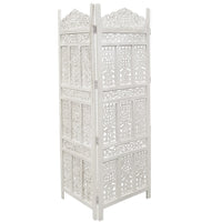 Aesthetically Carved 4 Panel Wooden Partition Screen/Room Divider, Distressed White - UPT-148945