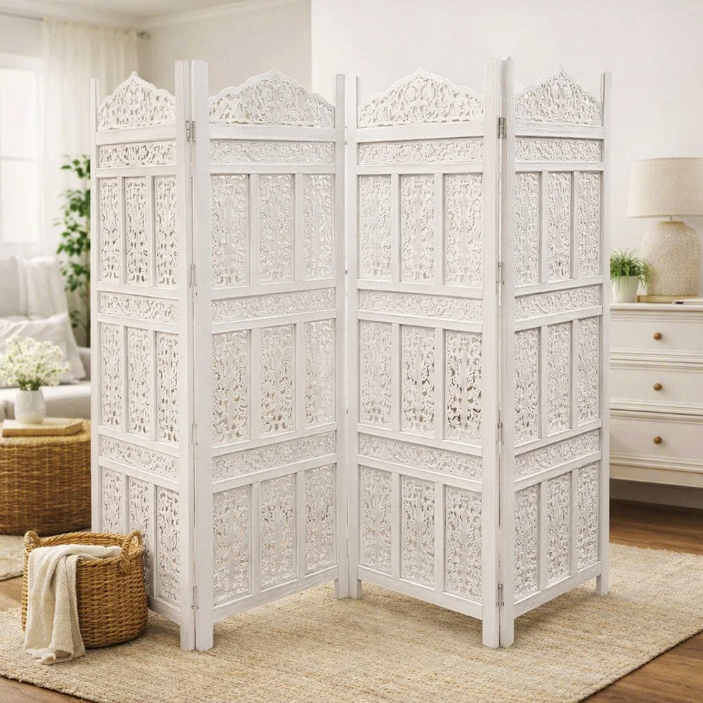Aesthetically Carved 4 Panel Wooden Partition Screen/Room Divider, Distressed White - UPT-148945