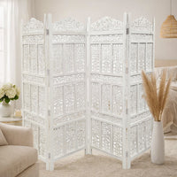 Aesthetically Carved 4 Panel Wooden Partition Screen/Room Divider, Distressed White - UPT-148945