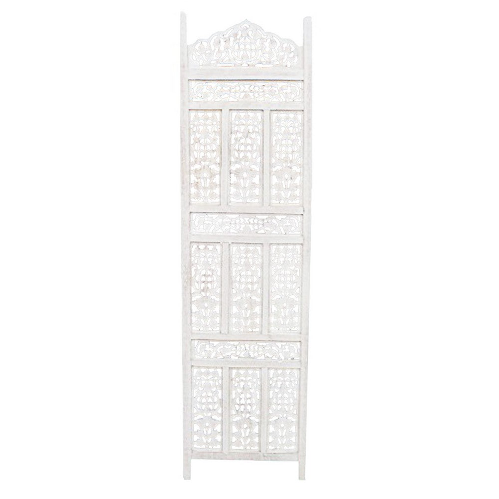 Aesthetically Carved 4 Panel Wooden Partition Screen/Room Divider, Distressed White - UPT-148945
