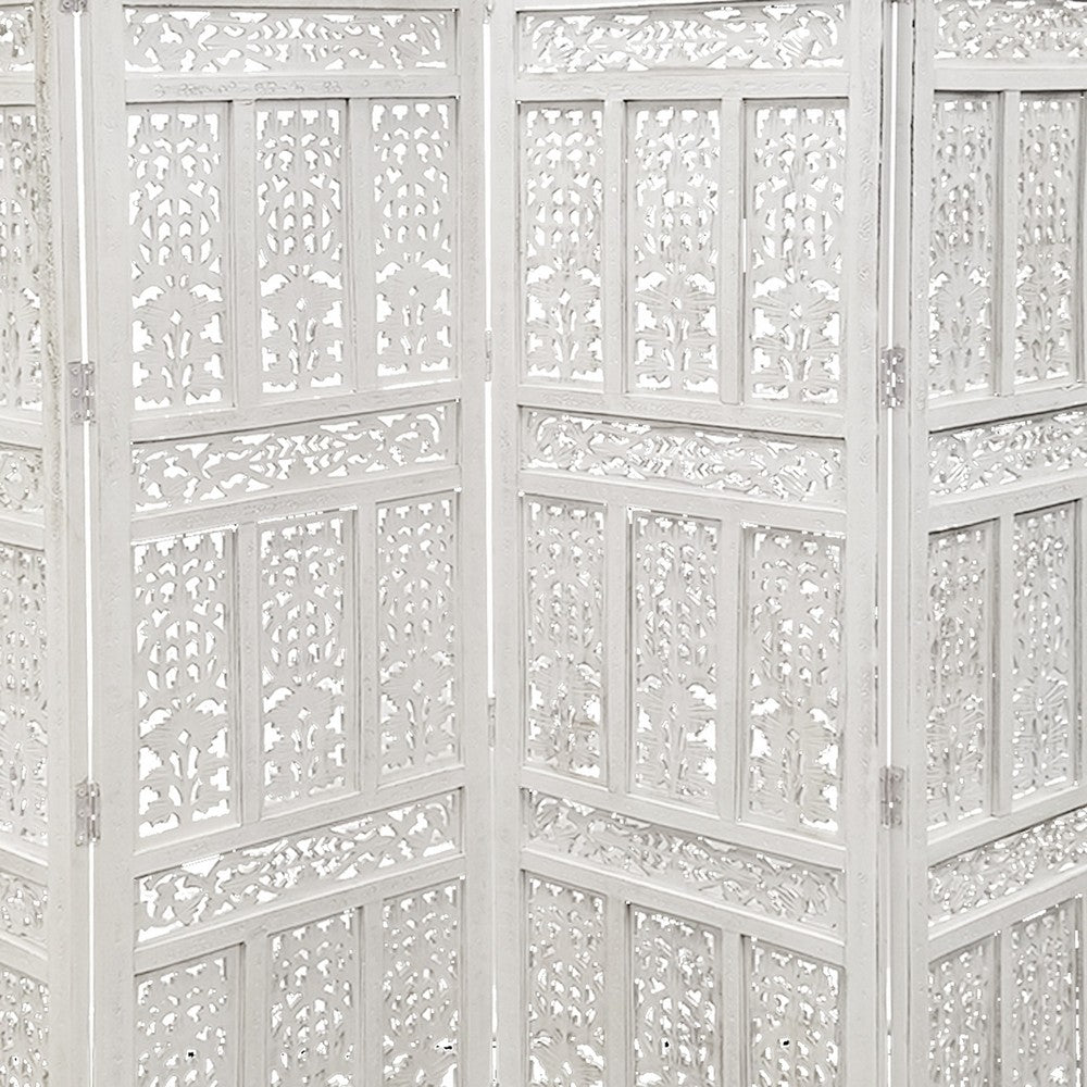 Aesthetically Carved 4 Panel Wooden Partition Screen/Room Divider, Distressed White - UPT-148945