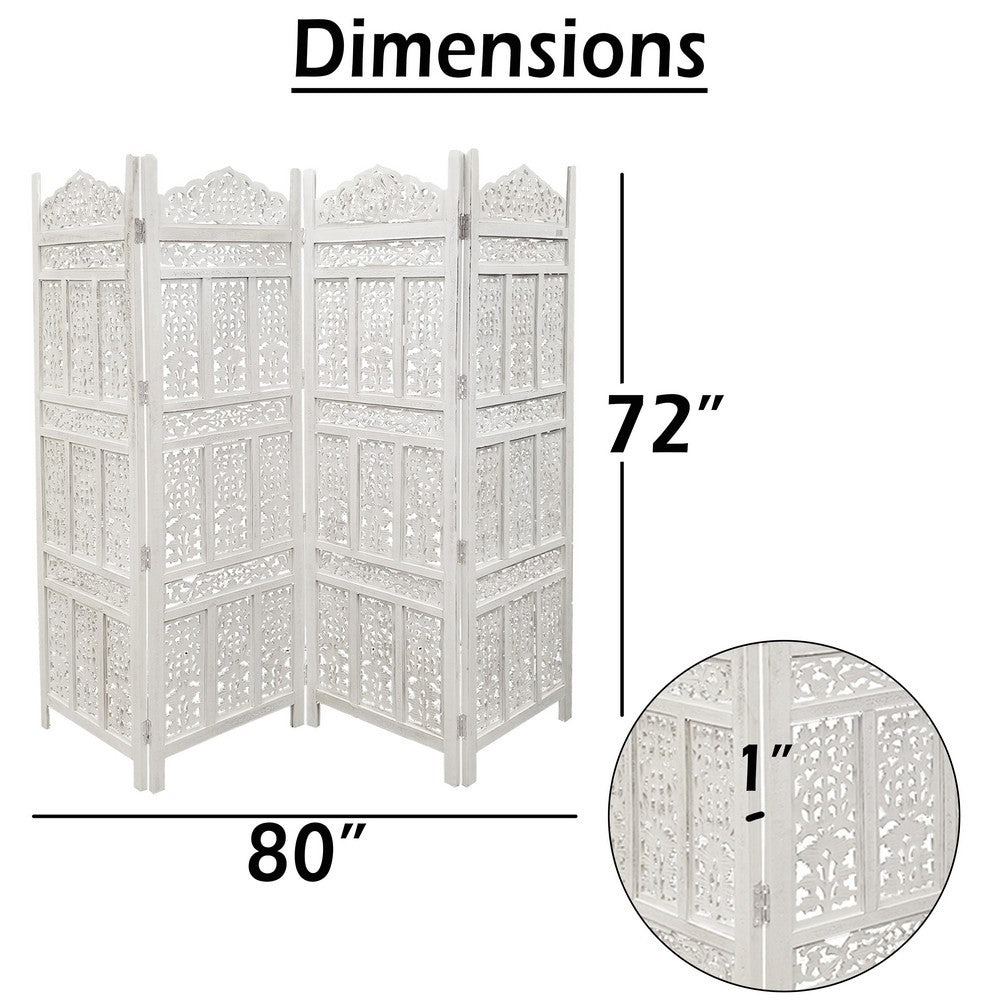 Aesthetically Carved 4 Panel Wooden Partition Screen/Room Divider, Distressed White - UPT-148945