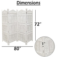 Aesthetically Carved 4 Panel Wooden Partition Screen/Room Divider, Distressed White - UPT-148945