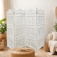 Aesthetically Carved 4 Panel Wooden Partition Screen/Room Divider, Distressed White - UPT-148945