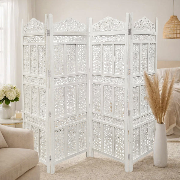 Aesthetically Carved 4 Panel Wooden Partition Screen/Room Divider, Distressed White - UPT-148945