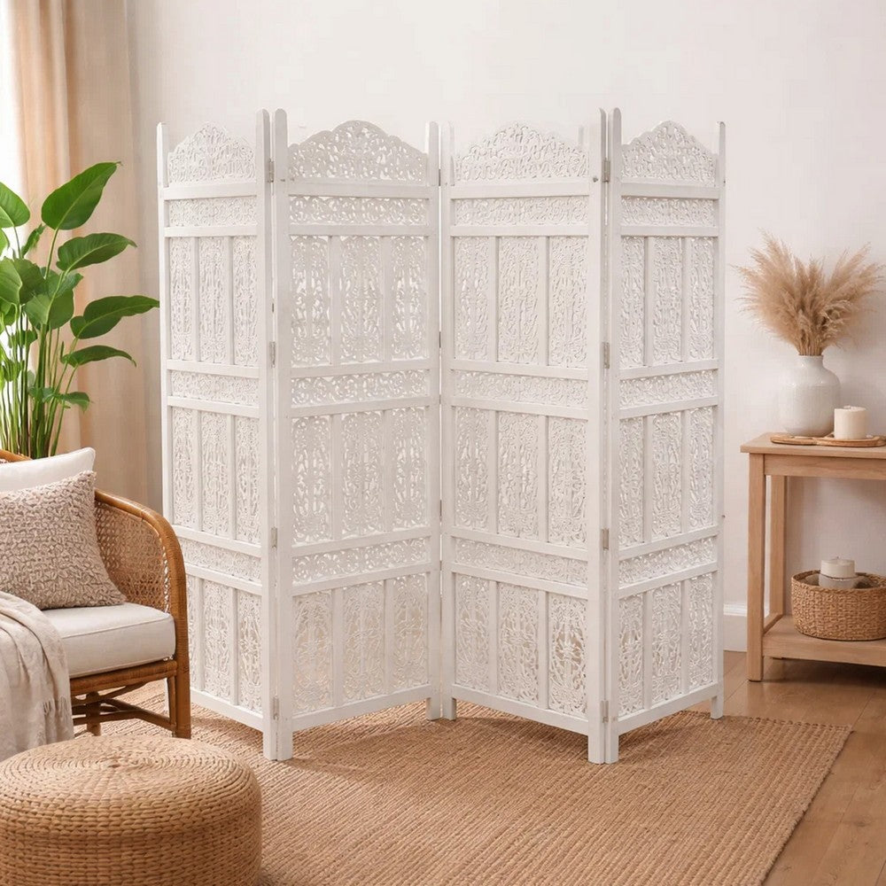 Aesthetically Carved 4 Panel Wooden Partition Screen/Room Divider, Distressed White - UPT-148945