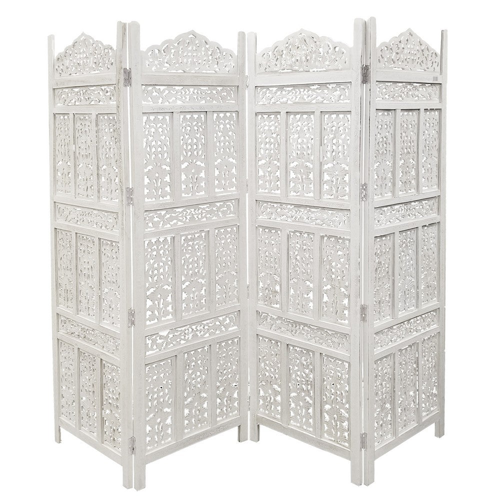 Aesthetically Carved 4 Panel Wooden Partition Screen/Room Divider, Distressed White - UPT-148945