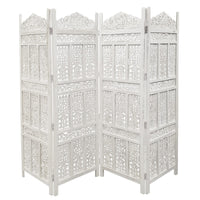 Aesthetically Carved 4 Panel Wooden Partition Screen/Room Divider, Distressed White - UPT-148945