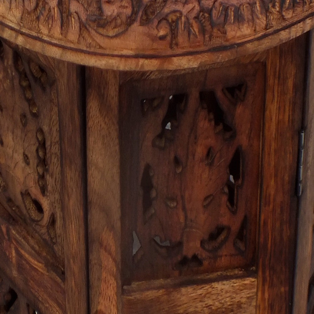 18 Inch Mango Wood Folding Accent Table, Hand Carved, Walnut Brown - UPT-148946