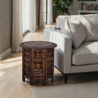 18 Inch Mango Wood Folding Accent Table, Hand Carved, Walnut Brown - UPT-148946
