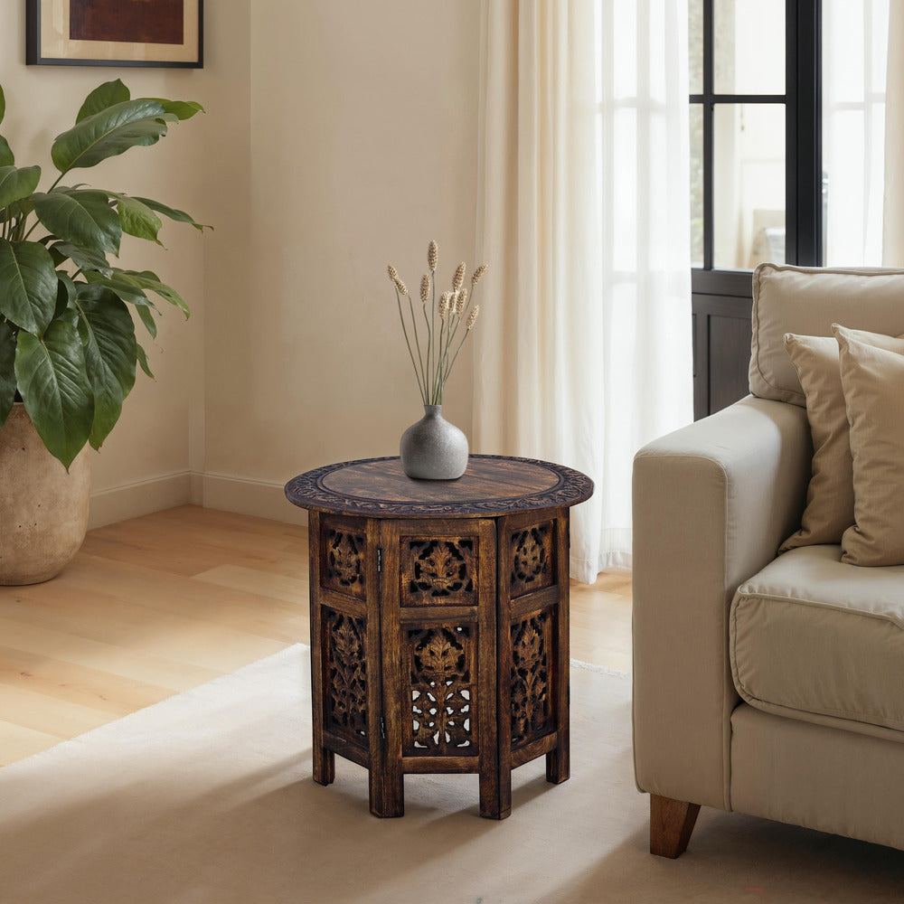 benzara 18 Inch Mango Wood Folding Accent Table Hand Carved Walnut Brown - UPT-148946