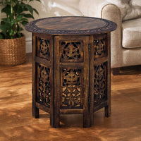 18 Inch Mango Wood Folding Accent Table, Hand Carved, Walnut Brown - UPT-148946
