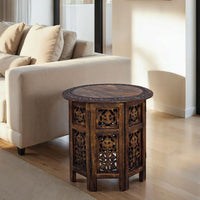 18 Inch Mango Wood Folding Accent Table, Hand Carved, Walnut Brown - UPT-148946