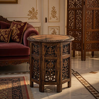 18 Inch Mango Wood Folding Accent Table, Hand Carved, Walnut Brown - UPT-148946