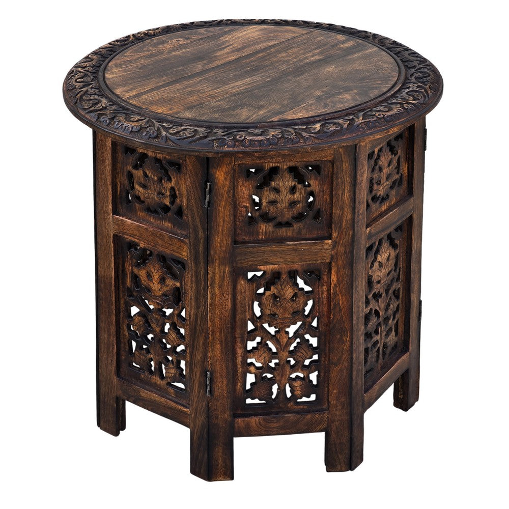 18 Inch Mango Wood Folding Accent Table, Hand Carved, Walnut Brown - UPT-148946