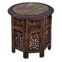 18 Inch Mango Wood Folding Accent Table, Hand Carved, Walnut Brown - UPT-148946