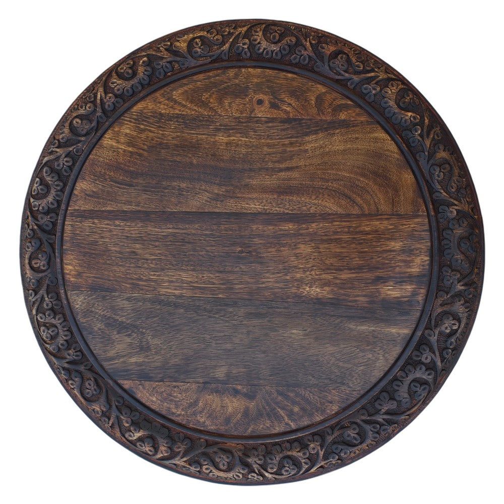 18 Inch Mango Wood Folding Accent Table, Hand Carved, Walnut Brown - UPT-148946