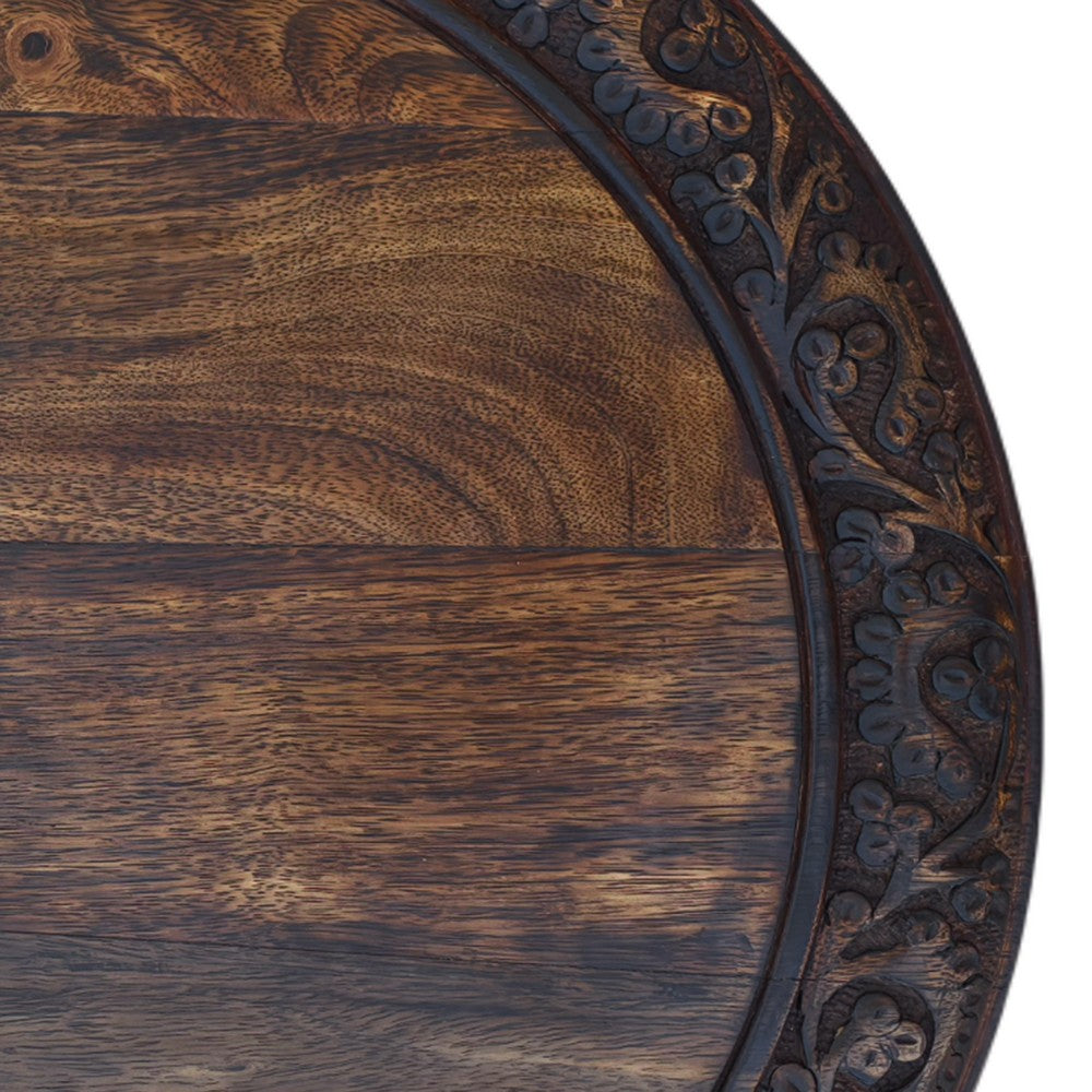 18 Inch Mango Wood Folding Accent Table, Hand Carved, Walnut Brown - UPT-148946