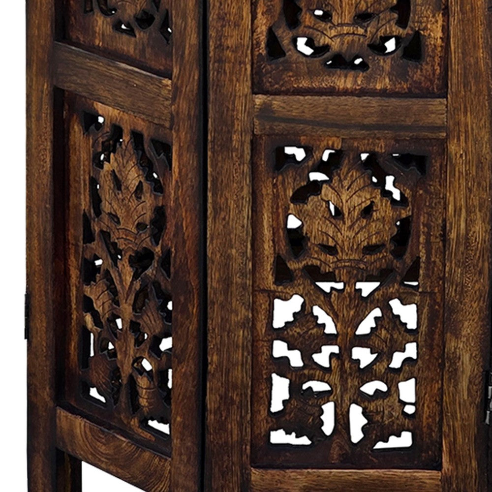 18 Inch Mango Wood Folding Accent Table, Hand Carved, Walnut Brown - UPT-148946