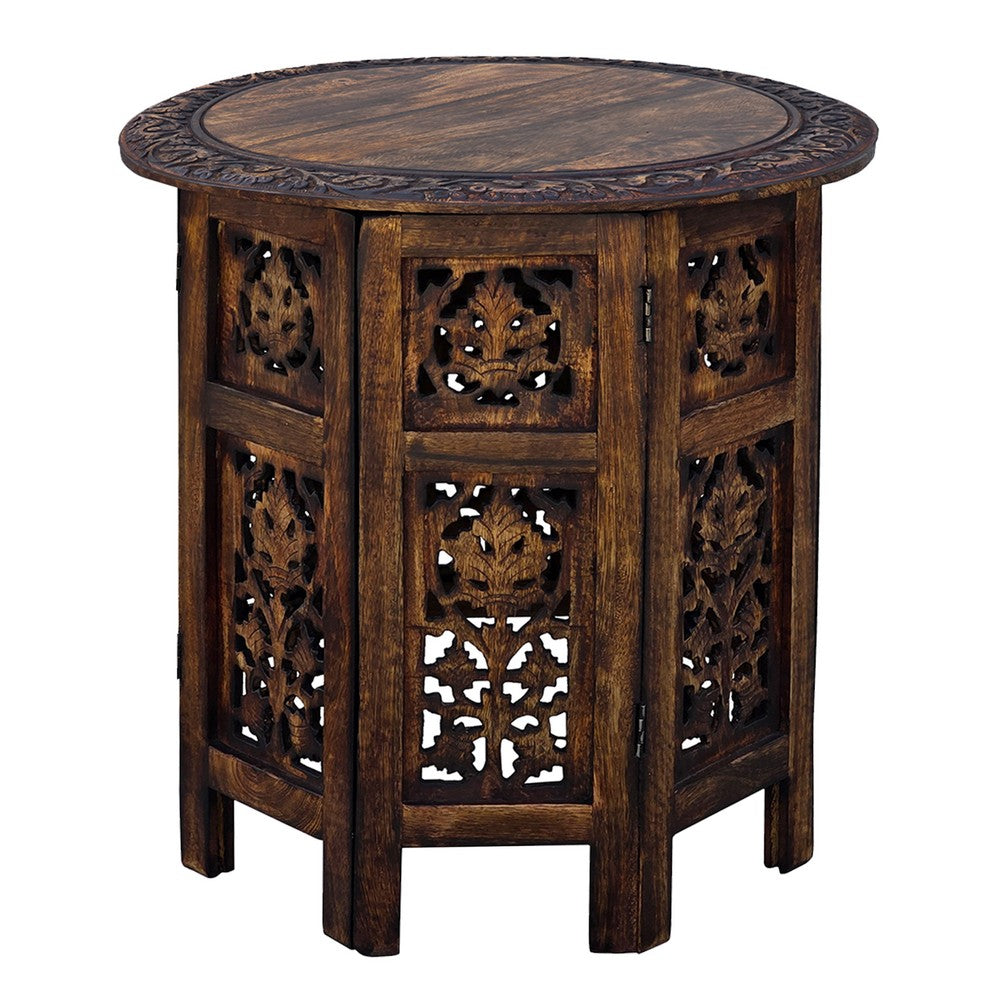 18 Inch Mango Wood Folding Accent Table, Hand Carved, Walnut Brown - UPT-148946