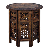18 Inch Mango Wood Folding Accent Table, Hand Carved, Walnut Brown - UPT-148946