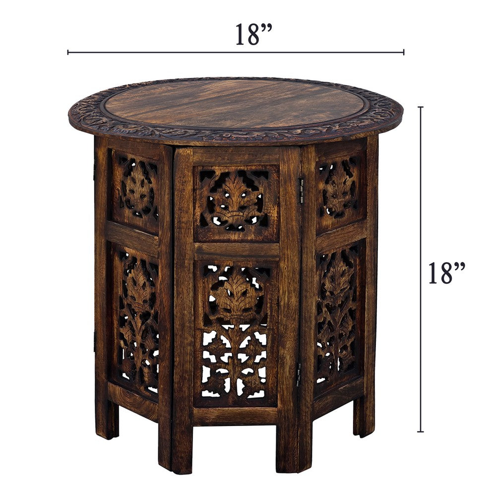 18 Inch Mango Wood Folding Accent Table, Hand Carved, Walnut Brown - UPT-148946