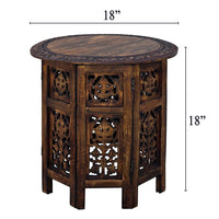 18 Inch Mango Wood Folding Accent Table, Hand Carved, Walnut Brown - UPT-148946