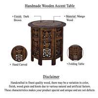 18 Inch Mango Wood Folding Accent Table, Hand Carved, Walnut Brown - UPT-148946