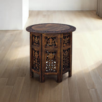 18 Inch Mango Wood Folding Accent Table, Hand Carved, Walnut Brown - UPT-148946