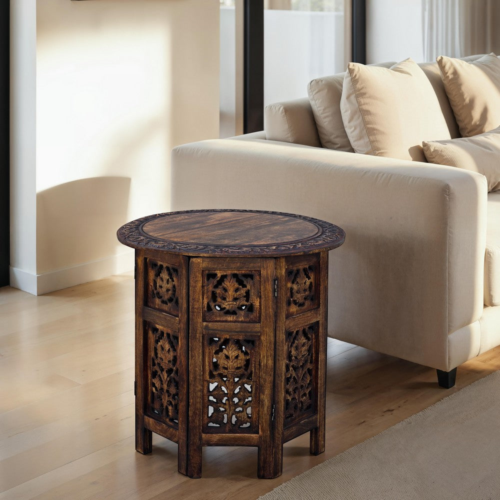 18 Inch Mango Wood Folding Accent Table, Hand Carved, Walnut Brown - UPT-148946