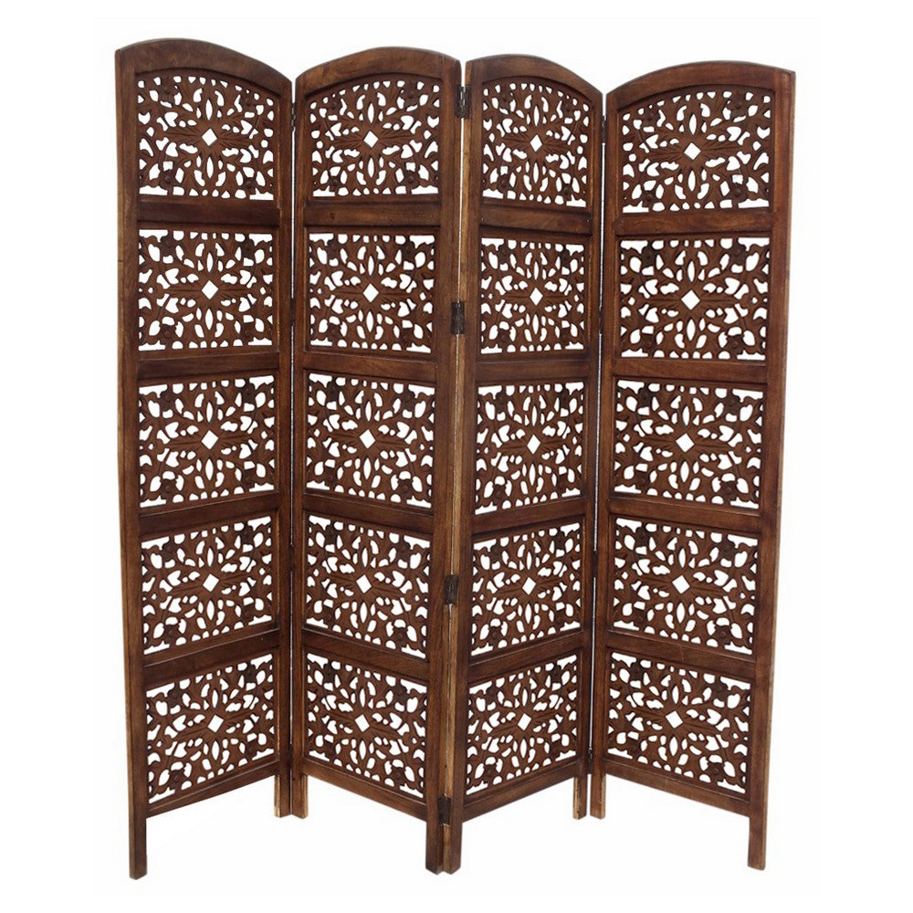 The Urban Port Handmade Foldable 4-Panel Wooden Partition Screen Room Divider, Brown - UPT-148948