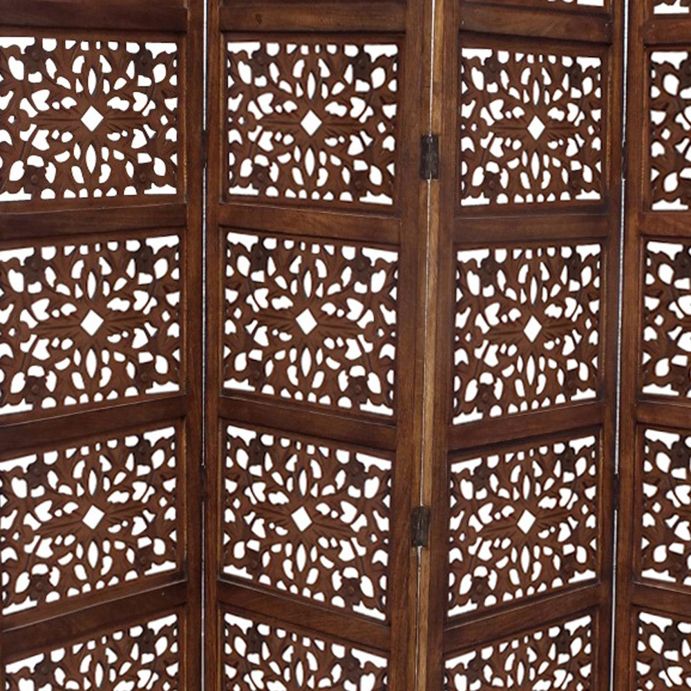 The Urban Port Handmade Foldable 4-Panel Wooden Partition Screen Room Divider, Brown - UPT-148948