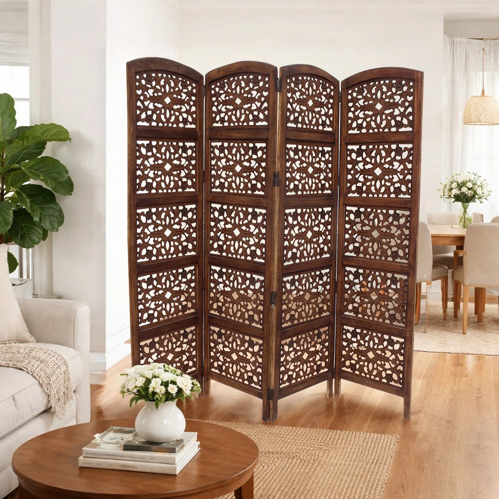 The Urban Port Handmade Foldable 4-Panel Wooden Partition Screen Room Divider, Brown - UPT-148948