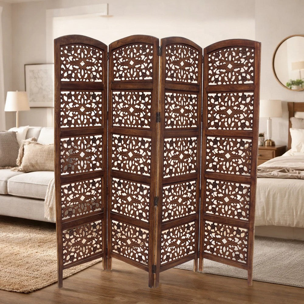 The Urban Port Handmade Foldable 4-Panel Wooden Partition Screen Room Divider, Brown - UPT-148948