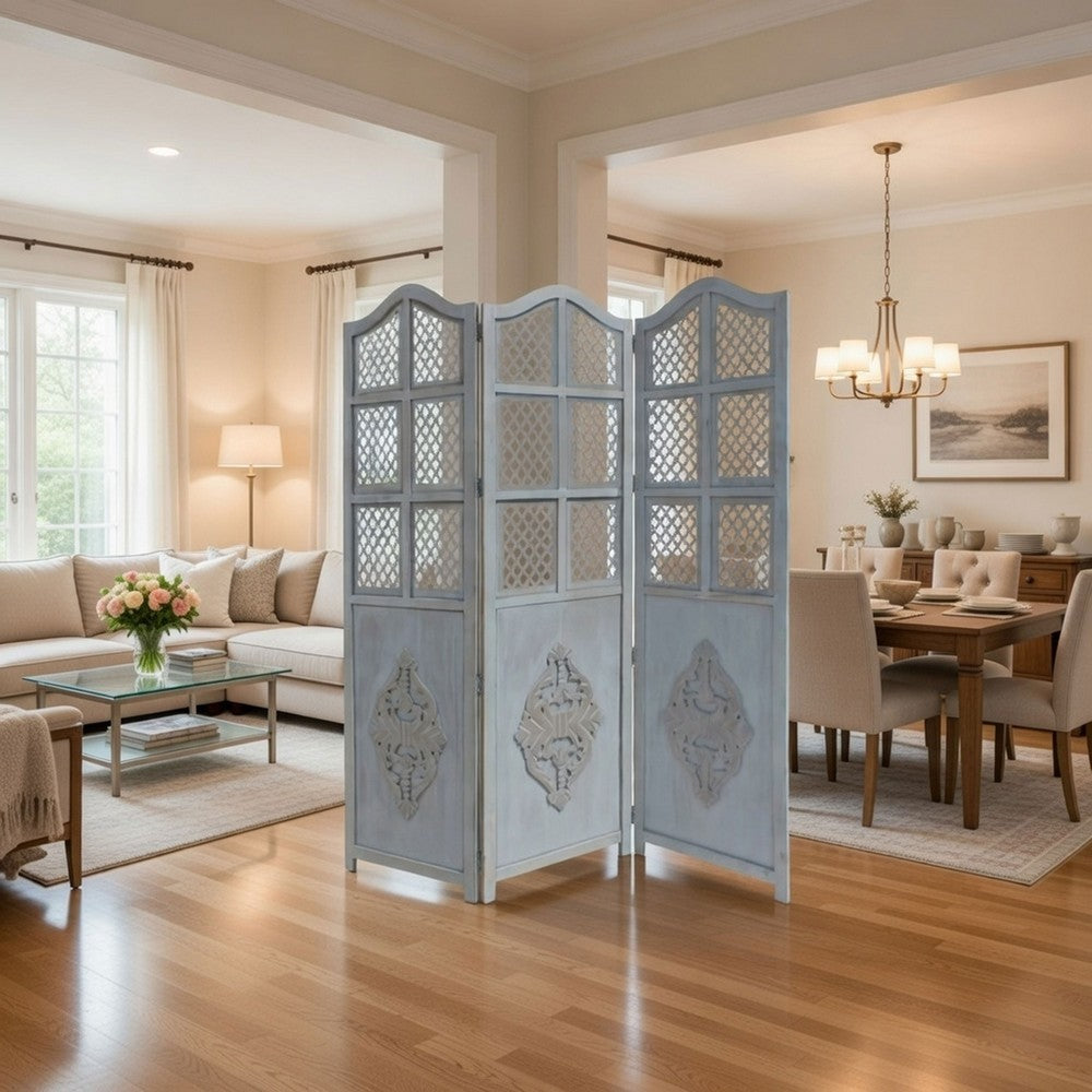 Three Panel Wooden Room Divider with Traditional Carvings and Cutouts, Blue - UPT-164564