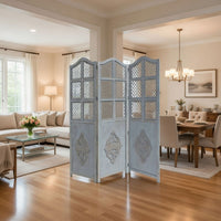Three Panel Wooden Room Divider with Traditional Carvings and Cutouts, Blue - UPT-164564