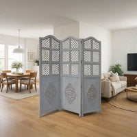 Three Panel Wooden Room Divider with Traditional Carvings and Cutouts, Blue - UPT-164564
