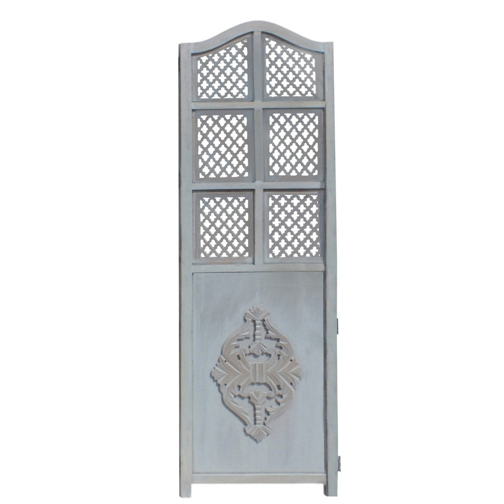 Three Panel Wooden Room Divider with Traditional Carvings and Cutouts, Blue - UPT-164564