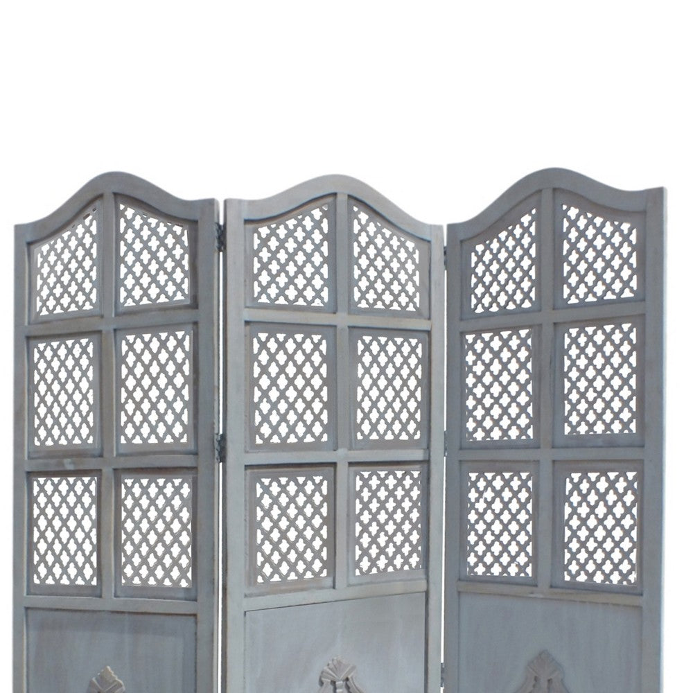 Three Panel Wooden Room Divider with Traditional Carvings and Cutouts, Blue - UPT-164564