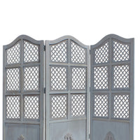Three Panel Wooden Room Divider with Traditional Carvings and Cutouts, Blue - UPT-164564