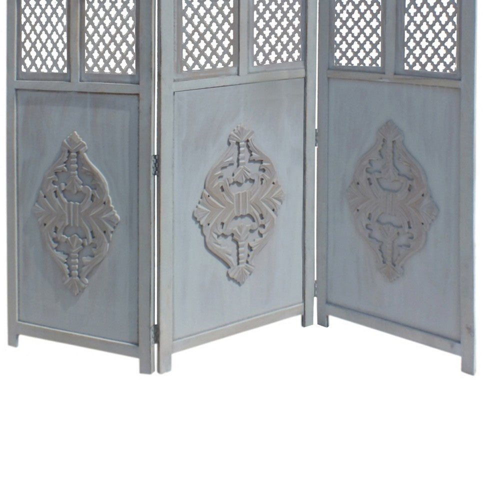 Three Panel Wooden Room Divider with Traditional Carvings and Cutouts, Blue - UPT-164564