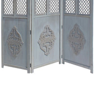 Three Panel Wooden Room Divider with Traditional Carvings and Cutouts, Blue - UPT-164564