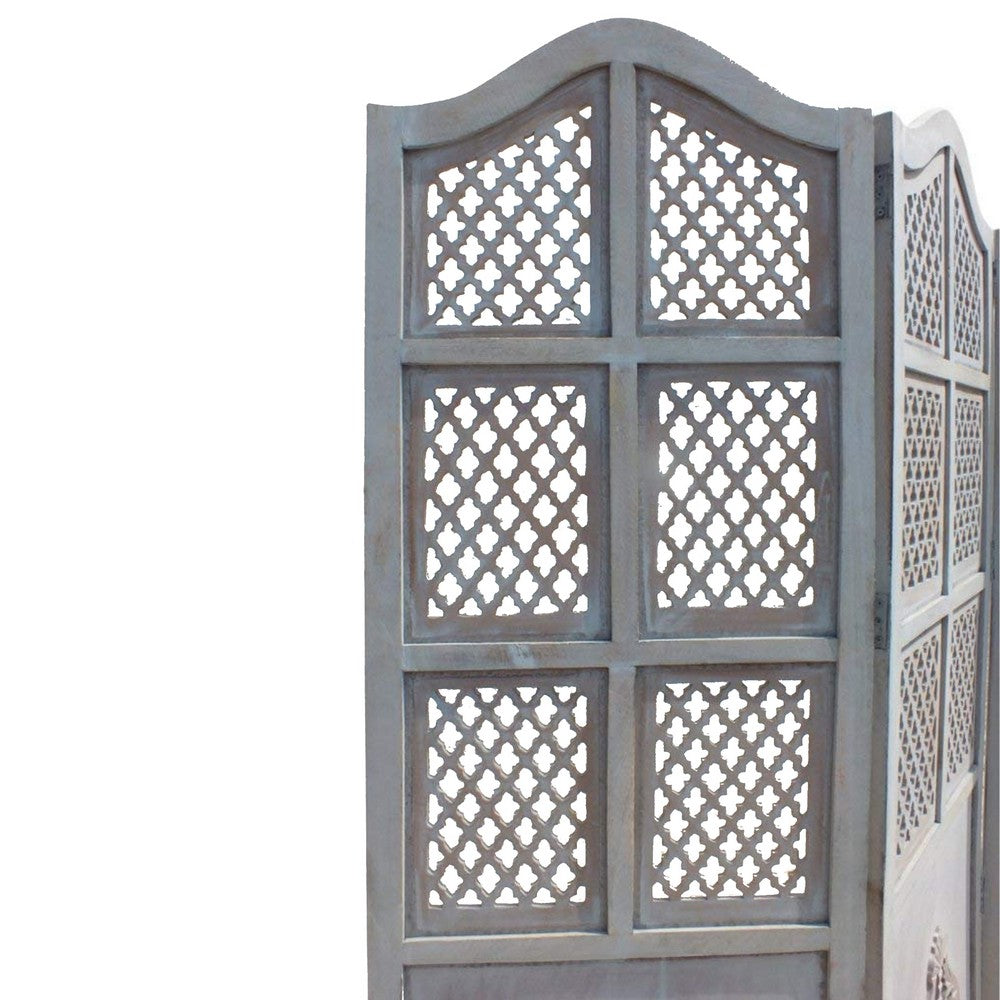 Three Panel Wooden Room Divider with Traditional Carvings and Cutouts, Blue - UPT-164564