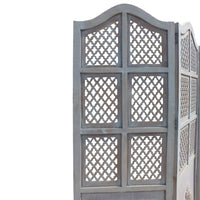 Three Panel Wooden Room Divider with Traditional Carvings and Cutouts, Blue - UPT-164564