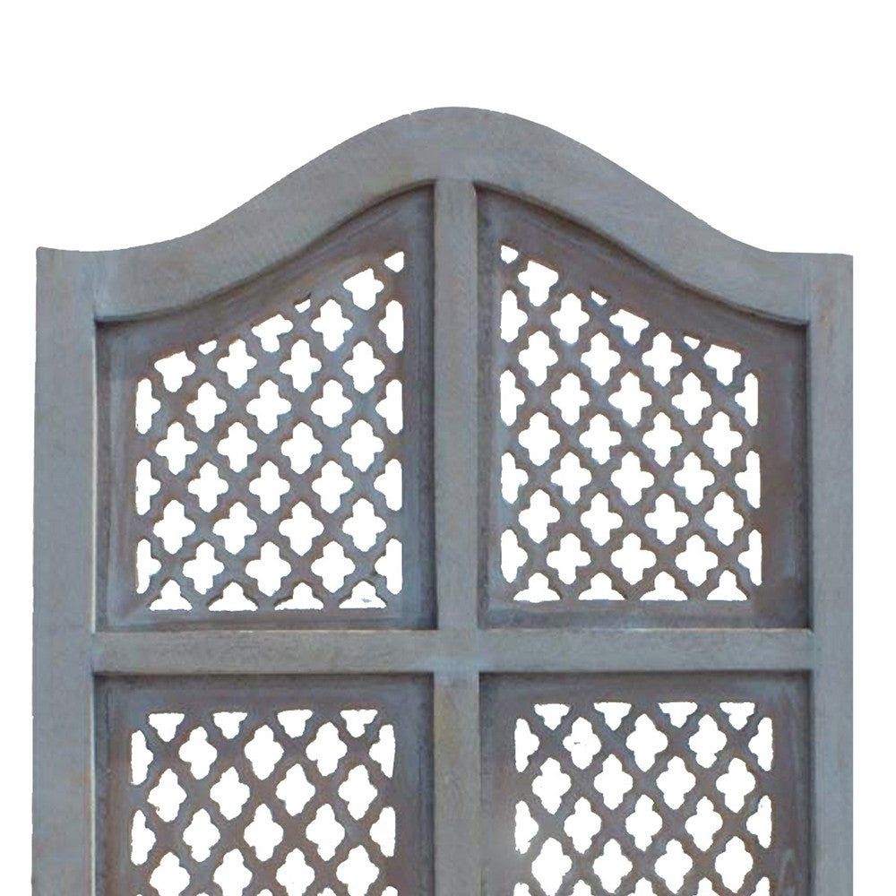 Three Panel Wooden Room Divider with Traditional Carvings and Cutouts, Blue - UPT-164564